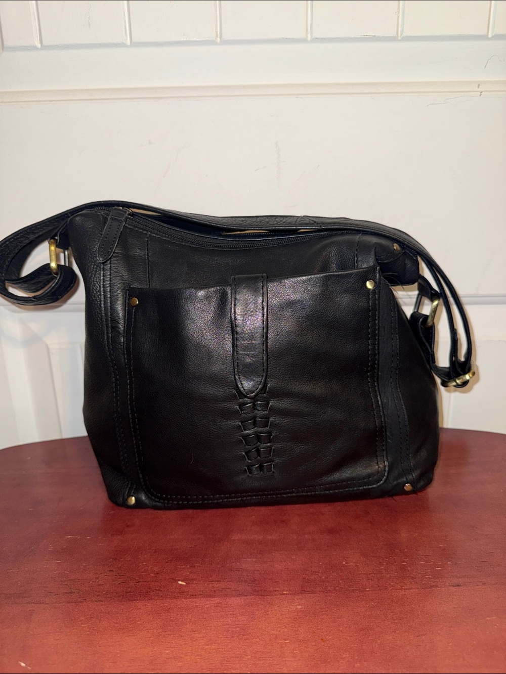 Black Leather Shoulder Bag with Woven Front Detail